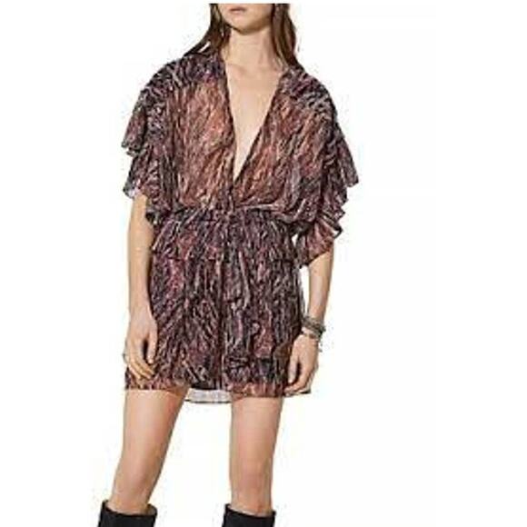 IRO Paronie Printed Lurex Peplum Mini Dress Red Black Metallic NWT Size 36 Small - Picture 1 of 12